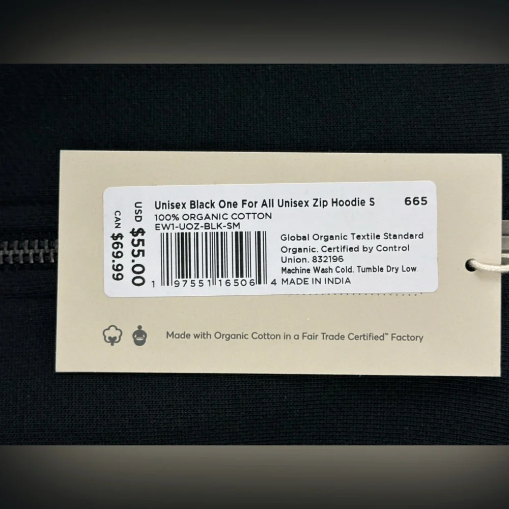 pact Gender Neutral Black One for all Zip Front 100% Organic Cotton Hoodie   NWT - Picture 7 of 11
